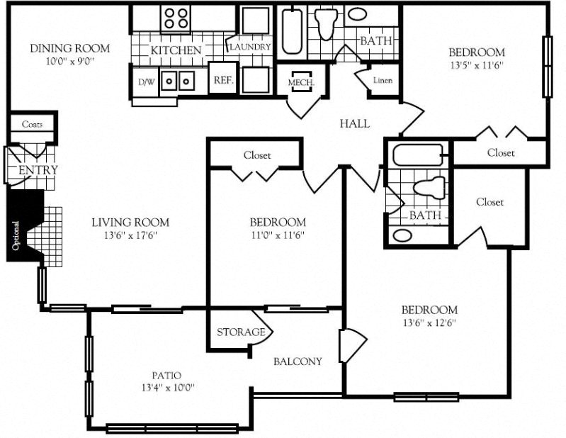 Floor plan for 3 beds, 2 baths, 1294 sqft